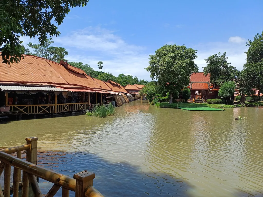Traditional Thai wooden pavilions at Ayothaya floating market near Ayutthaya