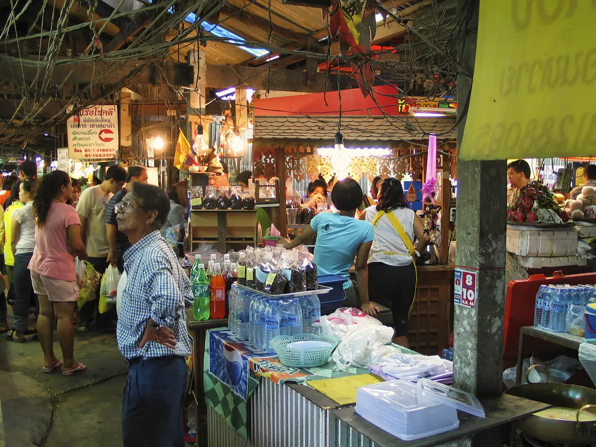Shops and riverfront stalls at Don Wai Market on the bank of the Tha Chin River behind Wat Don Wai, Nakhon Pathom