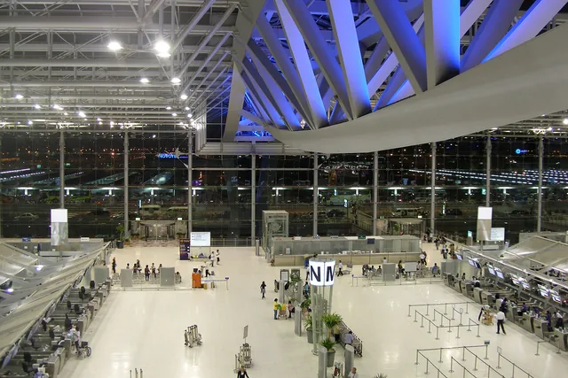 Spacious departure hall of Suvarnabhumi Airport in Bangkok