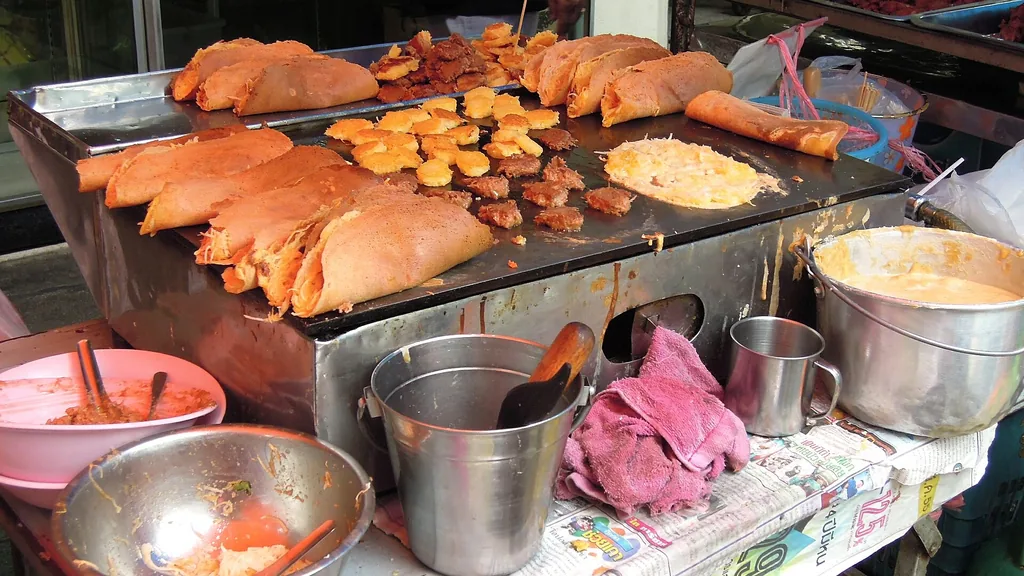 Bangkok street food stall with fresh ingredients in the old town